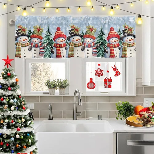 Miniatura 6 de Cenefa de Navidad para ventanas, cortinas de muñeco de nieve, cenefas con bolsillo para barra, tratamientos de ventana, cortinas cortas azules