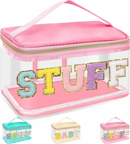 Miniatura 13 de izuzta Bolsas de maquillaje transparentes con letras de chenilla, bolsa de maquillaje de parche preppy con asa