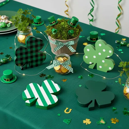 Miniatura 7 de Jetec 4 piezas de decoración de trébol de madera del día de San Patricio, decoración de bandeja escalonada del día de San Patricio, trébol verde