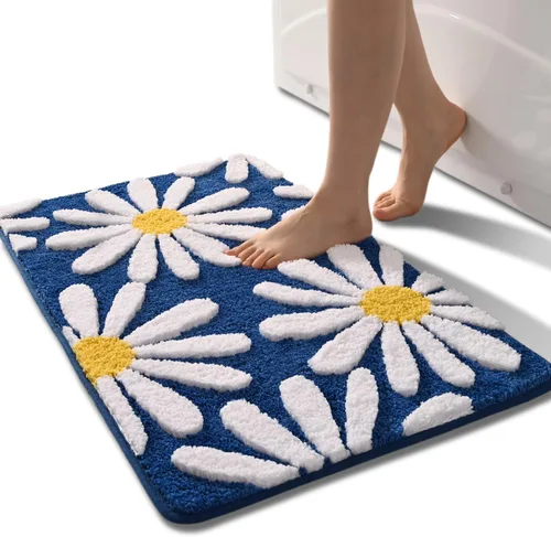 Miniatura 24 de QJHOMO Alfombra de baño azul con diseño de margaritas, decoración de flores blancas y amarillas, alfombra antideslizante de microfibra, súper Azul