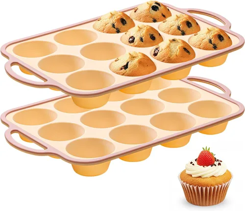 Miniatura 12 de Moldes de silicona para magdalenas para hornear 2 paquetes, 6.6 cm con marco reforzado de metal, molde antiadherente de tamaño regular para cupcakes