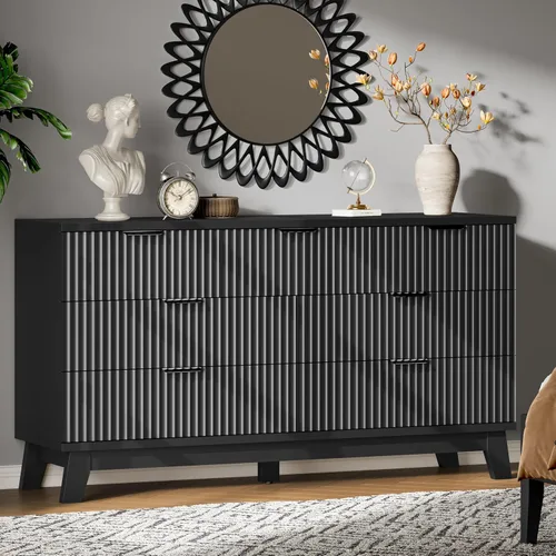 Miniatura 16 de Xixini Cómoda acanalada con 6 cajones, cómoda moderna de 54 pulgadas de ancho con mango de metal, soporte de TV de madera, organizador