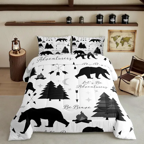 Miniatura 17 de Juego de ropa de cama Happy Camping de Homewish, tamaño individual, con diseño de osos cazadores y pinos, para niños, hombres, adultos, decoración