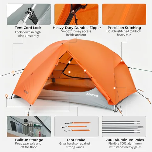 Miniatura 7 de CANTUO 2/3 persona mochilero tienda 4 temporada con huella 20D ultraligero 4.12 libras 157.480 in impermeable y resistente al viento tiendas