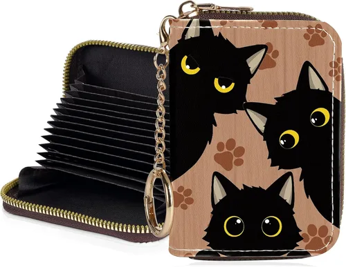 Miniatura 9 de Tarjetero de crédito para mujer, pequeña cartera RFID con cierre de llavero, bonita cartera de piel sintética, Huellas de patas en blanco y negro