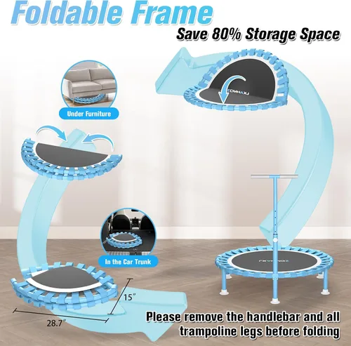 Miniatura 6 de ZCMHAXJ Mini trampolín plegable, trampolín de rebote de 40 pulgadas para adultos y niños, capacidad de 450 libras con barra ajustable en forma de T