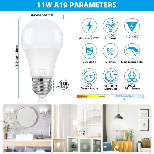 Miniatura 2 de ASOMST Paquete de 4 bombillas LED A19, bombilla LED equivalente a 100W, bombilla de 5000K 1100 lúmenes 11W, iluminación helada no regulable E26, CRI