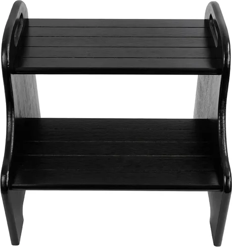 Miniatura 2 de VaeFae Taburete de bambú de 2 escalones con peldaños antideslizantes y 2 asas recortadas (negro)
