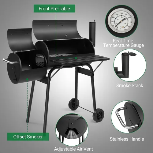 Miniatura 4 de Barrel Grills - Parrillas de carbón con ruedas y mesa delantera, parrilla de carbón con ahumador, termómetro integrado, 430 pulgadas cuadradas