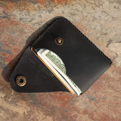 Miniatura 4 de Cartera organizadora de tarjetas de bolsillo frontal cosida a mano minimalista de cuero genuino para tarjetas, billetera con tarjetero pequeño, Negro
