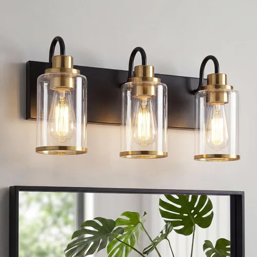 Miniatura 13 de Beionxii BX-VL01BG-3CG - Lámpara de tocador de baño, 3 lámparas doradas claras con pantalla de cristal transparente, accesorios de iluminación