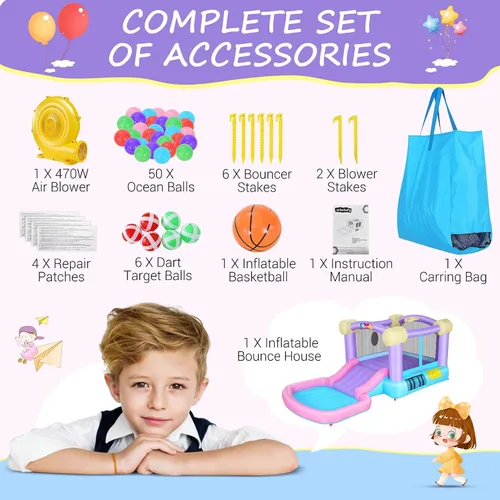 Miniatura 6 de Whubefy Casa inflable rosa para niños de 2 a 8 años con tobogán, pozo de bolas y 50 bolas oceánicas, castillo de salto de 161 x 82 x 63 pulgadas