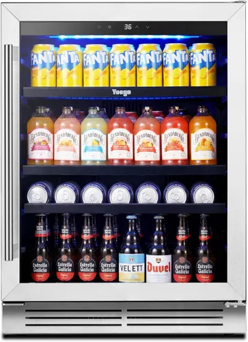 Yeego Refrigerador de bebidas y refrigerador de bebidas, 24 pulgadas, 180 latas, puerta de vidrio, 34-54℉ bajo mostrador, refrigerador integrado