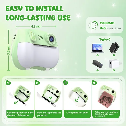 Miniatura 6 de Cámara para niños con impresión instantánea 1080P frontal y trasera dual selfie – Cámaras para niños pequeños con videojuegos digitales, 32 GB