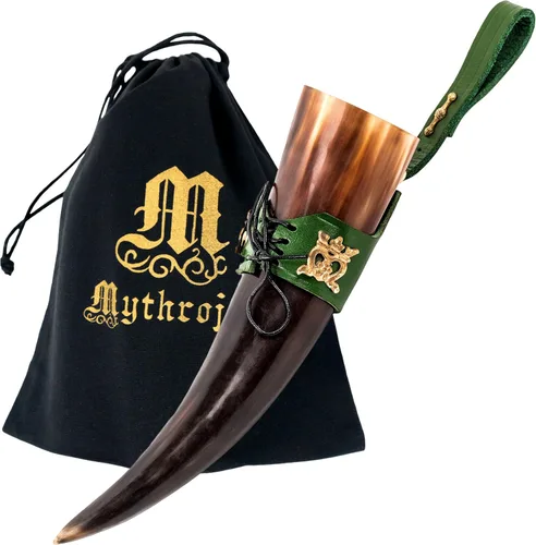 Miniatura 22 de Mythrojan Cuerno vikingo para beber 100% natural, auténtico, decoración de latón, cuerno nórdico con funda de cuero negro, bolsa de lona para vino