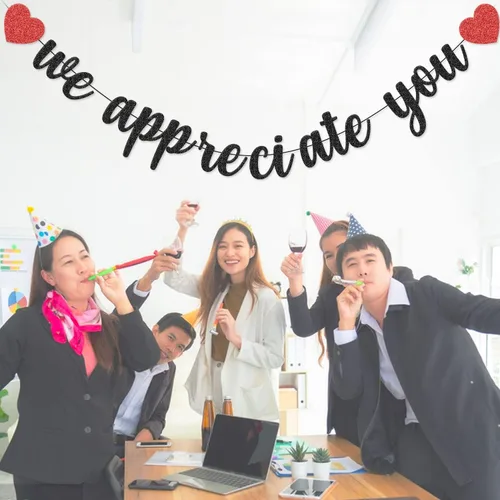 Miniatura 3 de Cartel con texto en inglés "We Appreciate You" con purpurina negra de agradecimiento a los empleados, maestros, doctores, enfermeras, personal, Negro