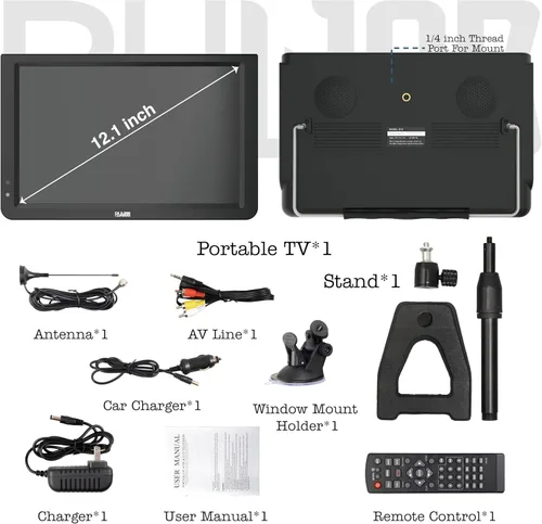 Miniatura 7 de Televisión portátil de 12 pulgadas, TV a batería con tarjeta ATSC/HDMI/USB/SD y entrada AV, mini televisión con control y soporte de TV