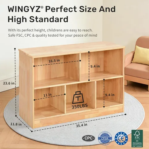 Miniatura 2 de WINGYZ Estantería Montessori de madera de caucho, armario de almacenamiento de madera de 5 secciones, 2 estantes, organizador de almacenamiento