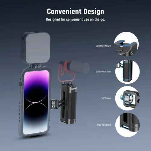 Miniatura 6 de NEEWER - Empuñadura lateral con botón de control remoto inalámbrico y disparador de obturador para jaula de video de smartphone, 2 adaptadores
