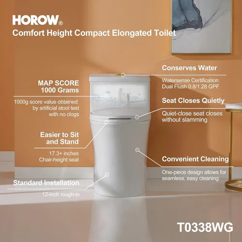 Miniatura 3 de HOROW T0338WG Inodoro de una pieza con botón dorado, inodoro alargado con asiento de comodidad, altura para silla ADA 17.3", descarga doble 0.8/1.28