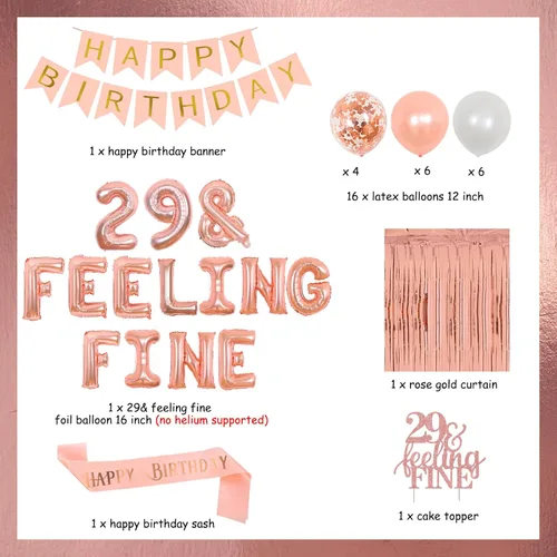 Miniatura 6 de Cheereveal Decoraciones de cumpleaños número 29 – Oro rosa, globos "Feeling Fine" y decoración para pastel