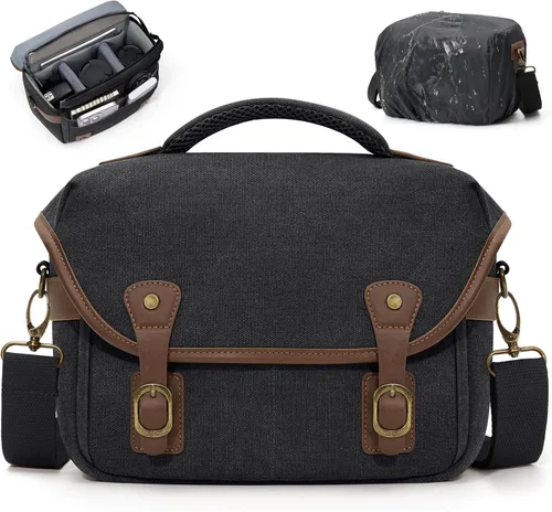 RAINSMORE - Bolsa de cámara de lona, estuche para cámara DSLR/SLR/sin espejo, bolsas de hombro compactas para fotógrafos con funda para la lluvia,
