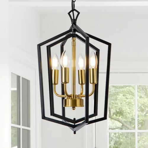 Miniatura 12 de Lanhall Candelabro de Casa de Campo de 4 Luces, Iluminación Colgante Industrial Rústica, Jaula Metálica de Altura Ajustable E26, Luces Colgantes
