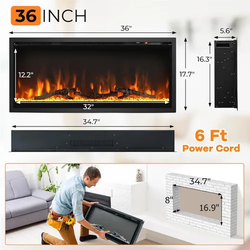 Miniatura 5 de ORALNER Inserto de chimenea eléctrica de 36 pulgadas de ancho, empotrado y montado en la pared con termostato, 9 colores de llama y 5 brillo