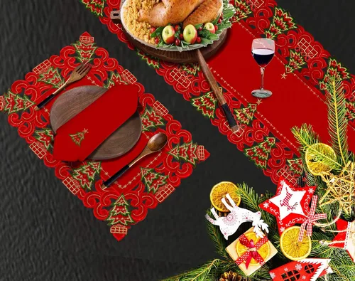 Miniatura 4 de Grelucgo Juego de 6 manteles individuales bordados de Navidad con diseño de árbol de acebo, rectangulares 12 x 18 pulgadas
