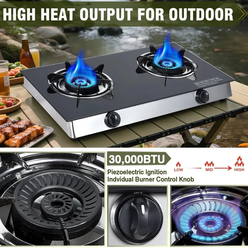Miniatura 6 de BESTFIRE Placa de cocina de gas propano de 2 quemadores, estufa portátil de vidrio templado de 30,000 BTU con encendido automático, regulador