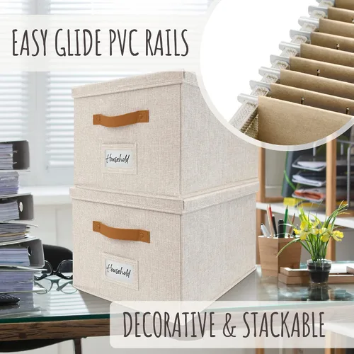 Miniatura 4 de Caja organizadora de archivos decorativa, juego de 2 – Archivadores plegables de lino con asas son perfectos para almacenar todos tus documentos