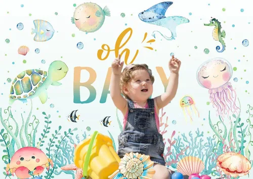 Miniatura 2 de Avezano Fondo para baby shower con texto en inglés "Under The Sea", para baby shower, fondo de fotografía de baby shower, decoración subacuática, 7