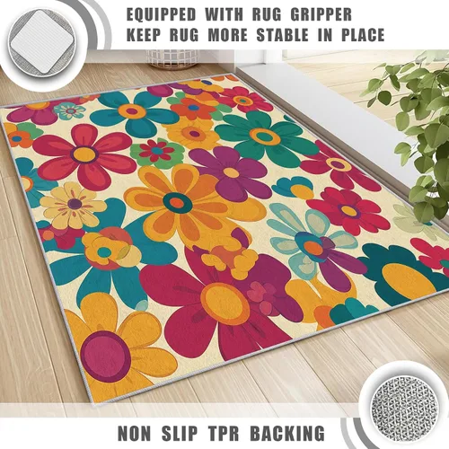 Miniatura 6 de Alfombra retro floral de 2 x 3 pulgadas, lavable de los años 60 y 70, alfombras hippie para entrada, dormitorio, cocina, alfombra de área de flores