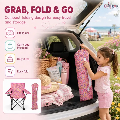 Miniatura 8 de Emily Rose Silla de playa plegable para niños con soporte para tazas, bloqueo de seguridad y estuche de transporte a juego (corazones juguetones)