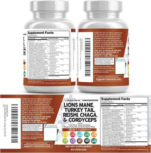 Miniatura 8 de Clean Nutraceuticals Suplemento de hongo 20 en 1 de melena de león con cola de pavo Reishi Cordyceps Chaga Maitake Meshima Poria Cocos Shiitake
