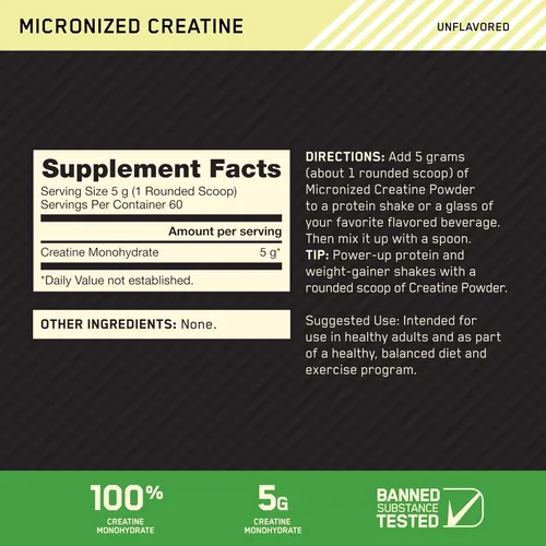 Miniatura 2 de Optimum Nutrition Creatina Micronizada Monohidrato en Polvo, Sin Sabor, 60 Porciones, 300 Gramos (El Embalaje Puede Variar)