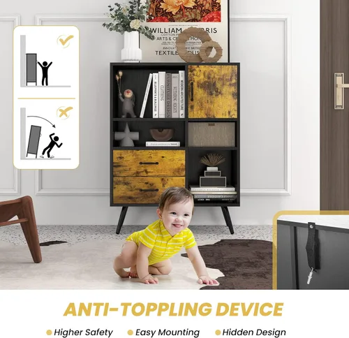 Miniatura 8 de Giantex Armario de buffet con almacenamiento, aparador de cocina industrial con 2 cajones grandes, armario de 4 cubos, armario de mediados de siglo