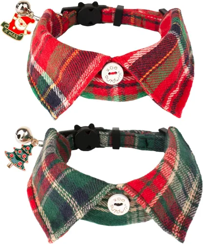 Miniatura 8 de ADOGGYGO Collares para gatos de Halloween con campana extraíble con corbatín extraíble, paquete de 2 unidades, collar de lazo de Halloween a cuadros