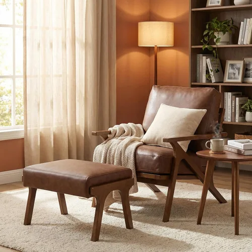Miniatura 10 de HNY Mid-Century - Silla decorativa tapizada moderna, sillón de tela de lino con marco de madera maciza, cómoda silla de descanso con almohada