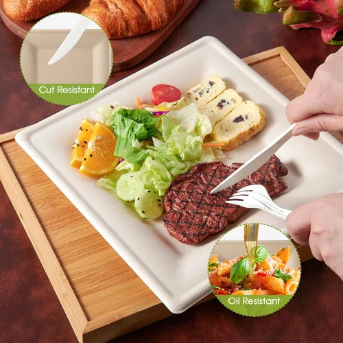 Miniatura 5 de ECOLipak Paquete de 125 Platos de Papel Cuadrados Compostables de 6 Pulgadas Desechables, Platos de Caña de Azúcar Biodegradables Ecológicos de Alta