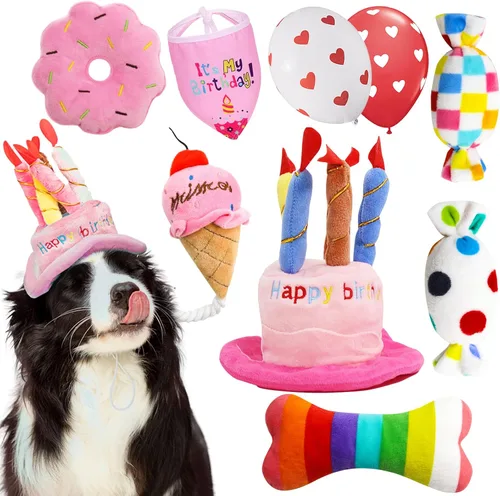 Miniatura 12 de lilfrd Juguete de cumpleaños para perros, juguetes de pastel de cumpleaños para regalos de cachorros, juguetes de peluche chirriantes para perros