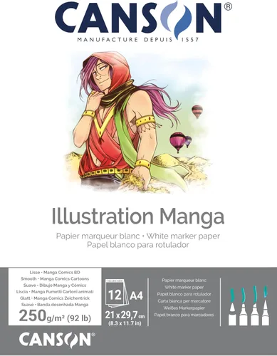 Canson Illustation - Papel de dibujo de 8.82 oz/m², textura lisa de color blanco alto, bloc A4, incluye 12 hojas