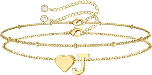 Miniatura 36 de M MOOHAM Pulseras de oro con inicial de corazón para mujer, pulseras con dije de letra A-Z de corazón dorado en capas para mujer, pulseras