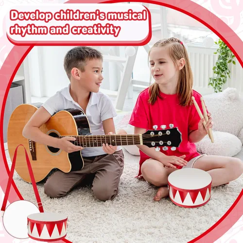 Miniatura 6 de Juego de batería para niños, batería de madera de 8 pulgadas con correa ajustable, 2 baquetas, juego de instrumentos musicales sensoriales