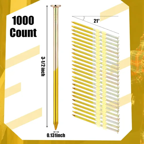 Miniatura 2 de Pasimy 1000 por caja 3-1/2 x 0.131 Pulgadas Clavos de marco de cabeza redonda completa de 21 grados con vástago liso en plástico engarzado