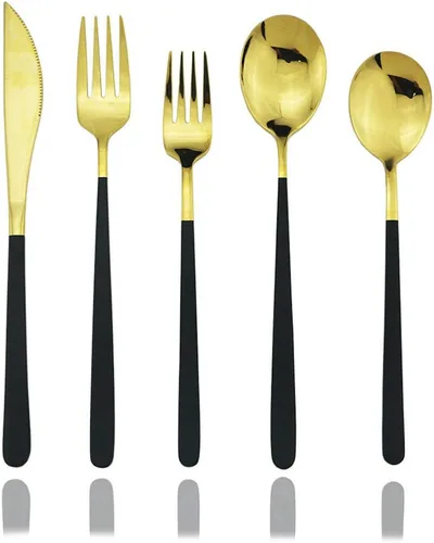 JASHII Juego de cubiertos de acero inoxidable SUS304 de 20 piezas, pulido con espejo negro dorado, juego de cubiertos de cena, cuchillo, tenedor,