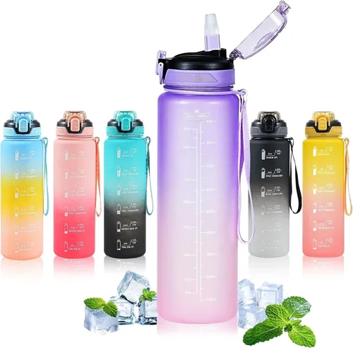 Miniatura 10 de Botella de agua deportiva con popote, botellas de agua de 32 onzas con marcador de tiempo para niños y niñas, botella de agua simple y moderna