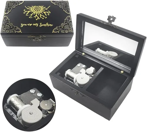 ROSIKING Caja de música de madera con mecanismo de espejo, joyería tallada, cajas musicales, Navidad, cumpleaños, día de San Valentín, regalos Plays