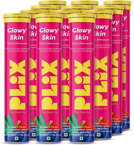 Miniatura 14 de PLIX Glowy Skin Suplemento de glutatión de 500 mg con ácido hialurónico, vitamina C, E y bayas 15 tabletas efervescentes, sabor fresa