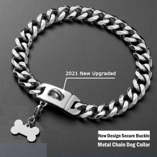 Miniatura 5 de Collar de cadena de plata para perros con diseño de hebilla de seguridad y etiqueta de identificación, collar para mascotas, fuerte cadena